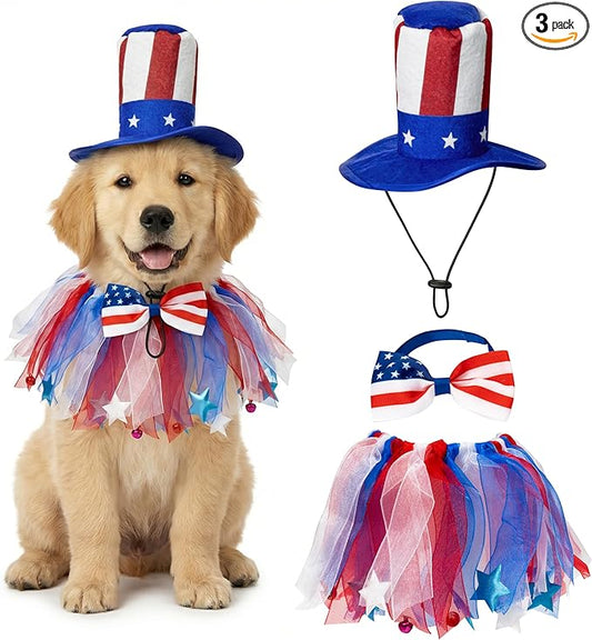 4th of July Dog Outfit Accessories - Medium Dog Patriotic Costume with American Flag Collar Top Hat Red White Blue Bow Tie for Medium Puppy, Pet Clothes Independence Day Parade Supplies Party Favor