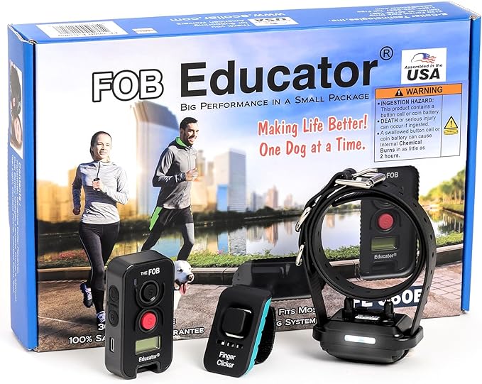 Educator FOB 300 Yard Dog Training Collar with Remote – Humane Stimulation & Pavlovian Tone – Waterproof, Rechargeable, Biothane Collar, Night Light – 1 Dog – Black