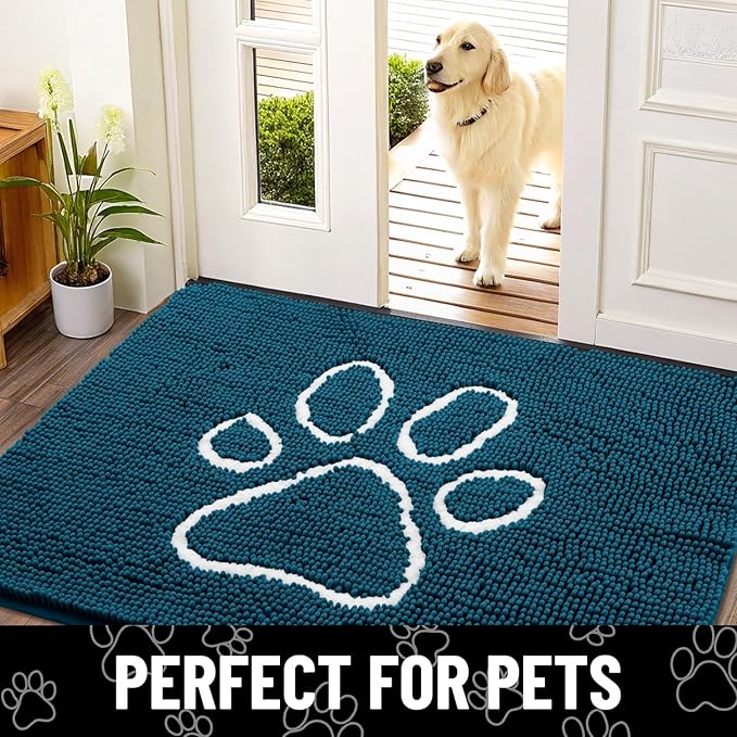 Smiry Dog Door Mat for Muddy Paws, Absorbent Dirt Trapper Non Slip Quick Dry Washable Chenille Mat for Mud Dogs, Entry Rug for Indoor and Outdoor (47x24 Inches, Atlantic Blue and White)