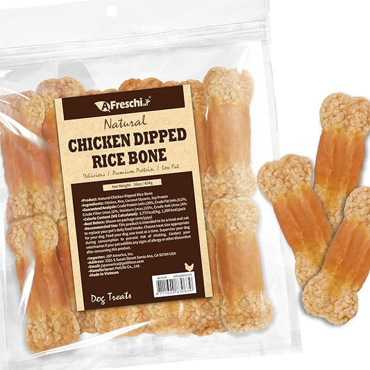 A Freschi srl Chicken Dog Treats, All Natural, Healthy & Easily Digestible, Low-Fat Puppy Chews, Human Grade Training & Rewards Dog Snacks, Rice Bone, 16 oz Pack