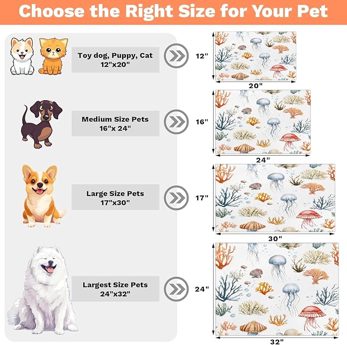 Sea Jellyfish Dog Food Mat for Floors Absorbent Dog Bowl Mat for Food and Water Dispenser Quick Dry Cat Food Placemat Pet Supplies 24" x 32", Coral Coastal