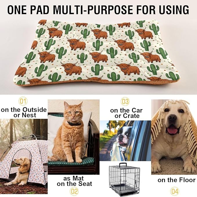 Dog Bed for Crate Washable Pet Sleep Pad, Highland Cow Kennel Mat with Non-Slip Bottom, Soft Fluffy Supplies Pet for Dogs and Cats (24x18 inch)