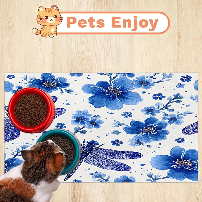 Blue Dragonfly Dog Food Mat for Floors Absorbent, Quick Dry Water Dispenser Mat for Food, Water, Pet Supplies 24" x 32", Flowers