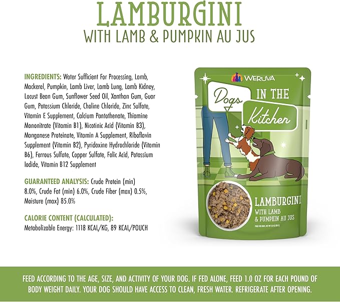 Weruva Dogs in The Kitchen, Lamburgini with Lamb & Pumpkin Au Jus Dog Food, 2.8oz Pouch (Pack of 12), Green