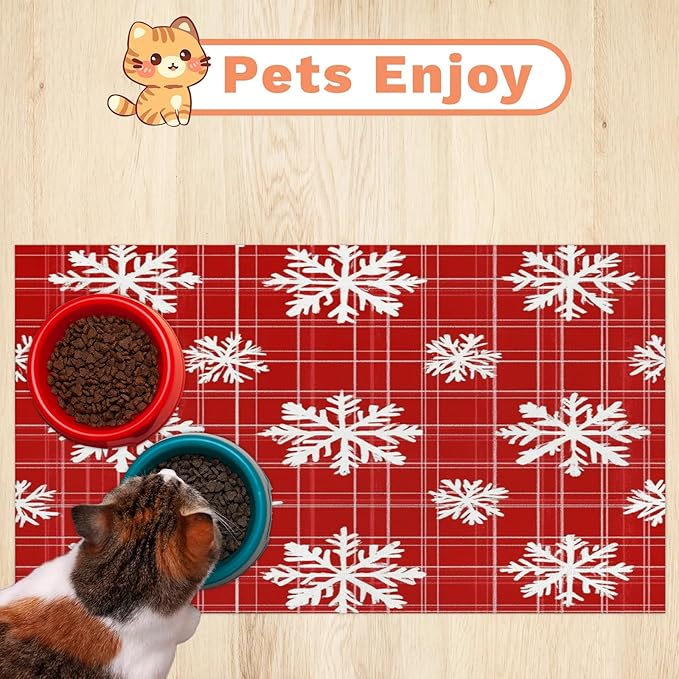 Red White Xmas Snowflake Dog Food Mat for Floors Absorbent, Quick Dry Water Dispenser Mat for Food, Water, Pet Supplies 17" x 30",