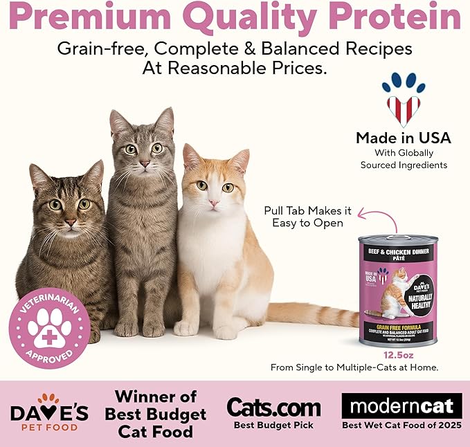 Dave's Pet Food Grain Free Wet Cat Food Pate (Beef & Chicken), Made in USA Naturally Healthy Canned, 12.5 oz Cans (12 Pack)