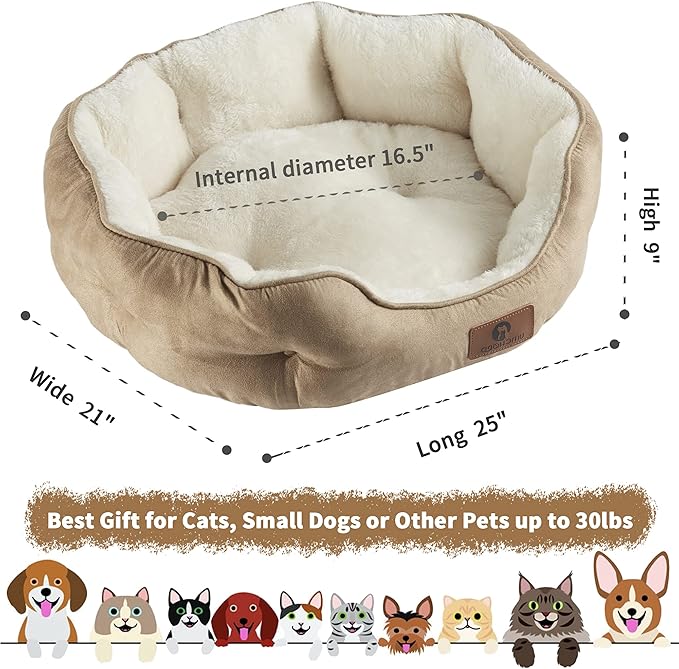 Asvin Medium Dog Bed for Medium Dogs, Large Cat Beds for Indoor Cats, Pet Bed for Puppy and Kitty, Extra Soft & Machine Washable with Anti-Slip & Water-Resistant Oxford Bottom, Light Brown, 25 inches
