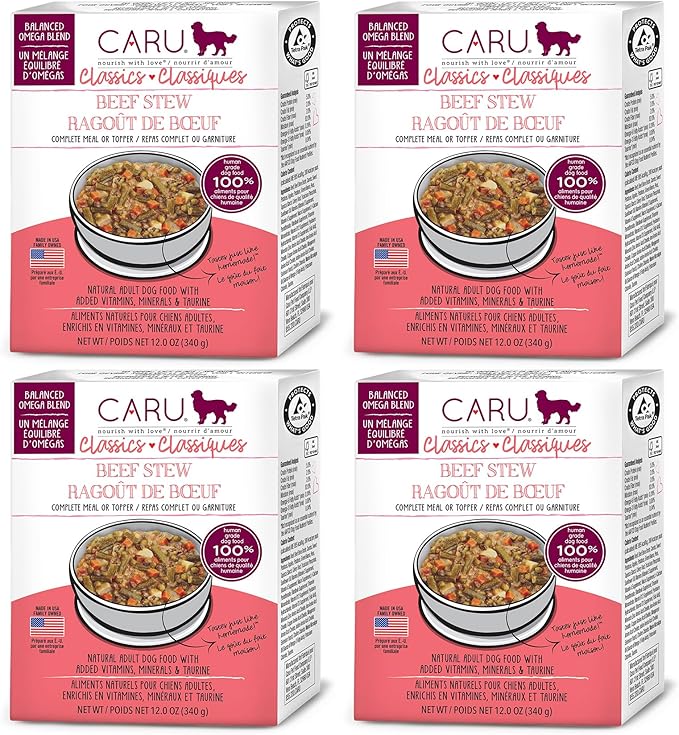 Caru - Classics Beef Stew for Dogs - Healthy Wet Dog Food or Food Topper - Balanced Omega Blend - 12 oz Cartons - Pack of 4