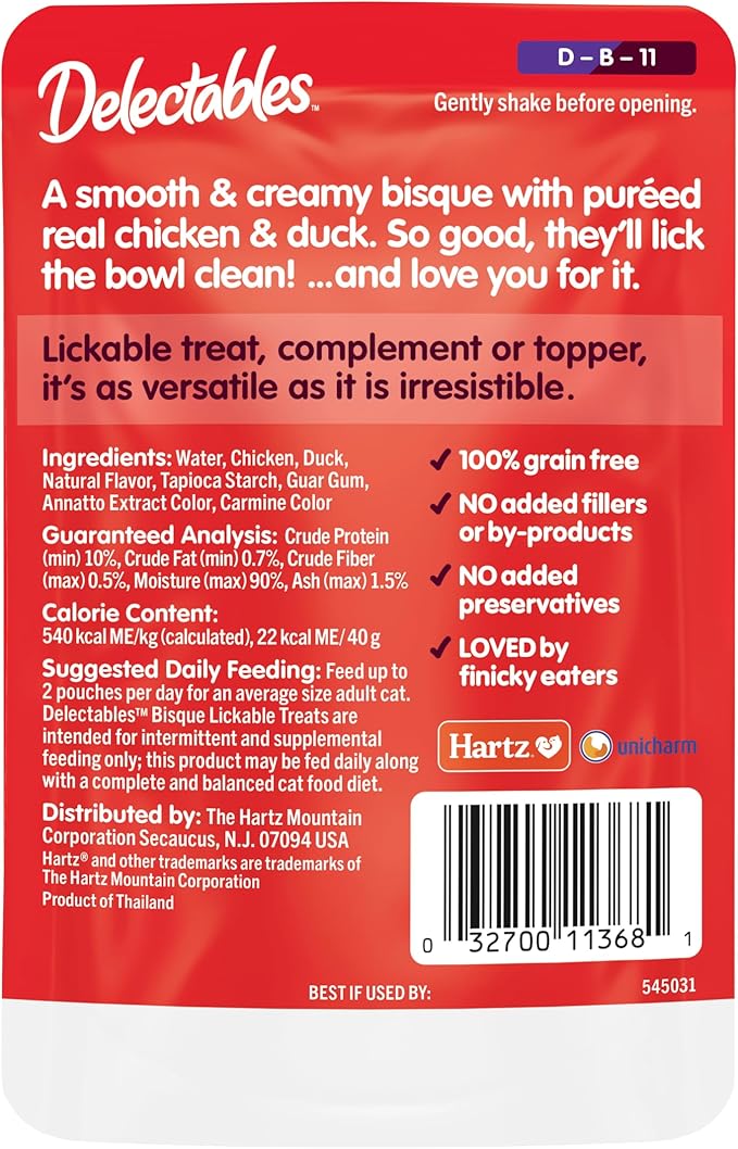 Hartz Delectables Non-Seafood Bisque Lickable Wet Cat Treats for Adult & Senior Cats, Multiple Flavors, Pack of 12