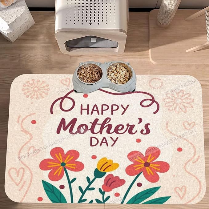 Dog Food Mat Happy Mother's Day Floral Gift for Mom Dz Absorbent Water Bowl Mats Cat Pet Feeding Placemats 18X12In