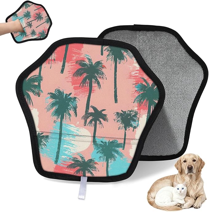 Coconut Trees Theme Electrostatic Pet Hair Removal Glove for Cats & Dogs - Reusable Grooming Mitt for Couch, Carpet, Car Seat & Laundry - Large 9x9 Inch