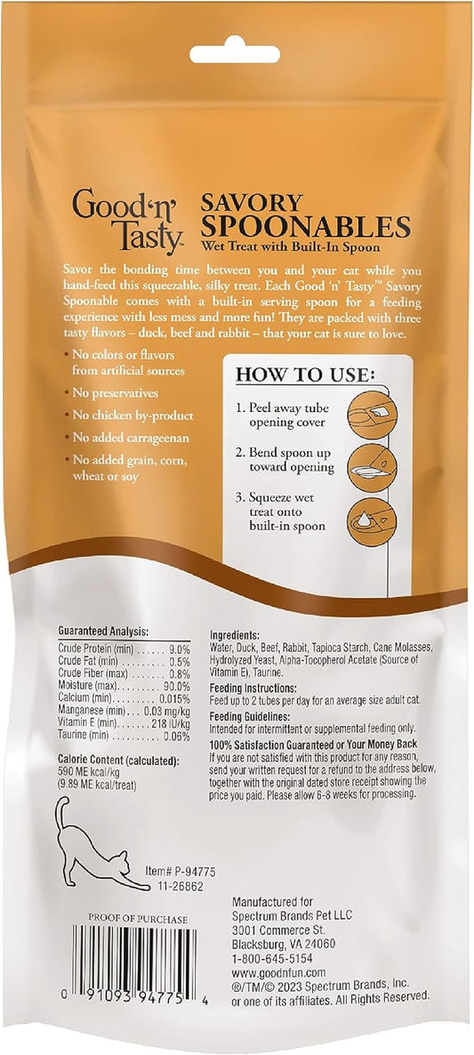 Good ‘n’ Tasty Savory Spoonables with Real Duck, Beef & Rabbit, 6 Count Tube, Triple Flavor Squeezable Lickable Wet Treats for Cats with Built-in Spoon for Less Mess