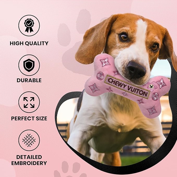 Dog Diggin Designs Chewy Vuiton Pink Blossom Plush Dog Toy Bone | Luxury-Inspired Parody Designer Bone with Squeaker, Soft Plush Chew & Play Dog Toy – Prêt-à-Porter Play!