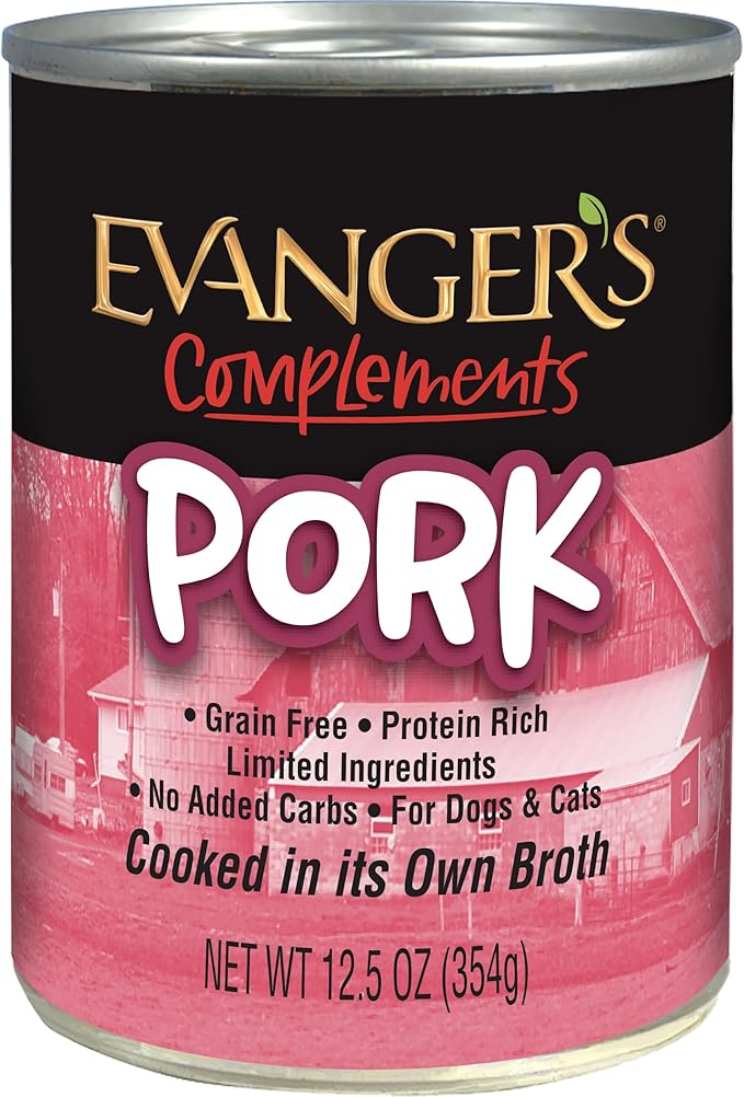 Evanger's Complements Grain Free Pork for Dogs & Cats – 12 Count, 12.5 oz Each – Single Protein, Grain & Gluten Free, Limited Ingredients, Nutrient-Rich Broth – Wet Dog & Cat Food