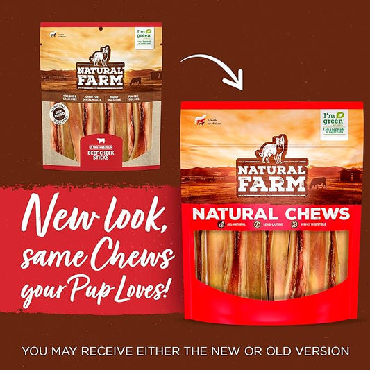 Natural Farm Bully Chips (4-6 Inch, 8 Oz.), Digestible Beef Cheek from Grass-Fed Cows, Non-GMO, Grain-Free, Natural Long-Lasting Dog Chews for Small, Medium & Large Dogs, Great Rawhide Alternative