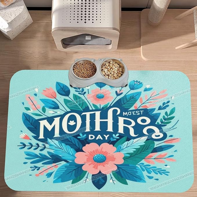 Absorbent Dog Water Cat Mat for Food Water Bowl Quick Dry Happy Mother's Day Floral Gift for Mom Green Cs Pet Feeding Mats No Stains Dog Food Mat Pet Accessories Supplies Cat Bowl Mats 24x16In