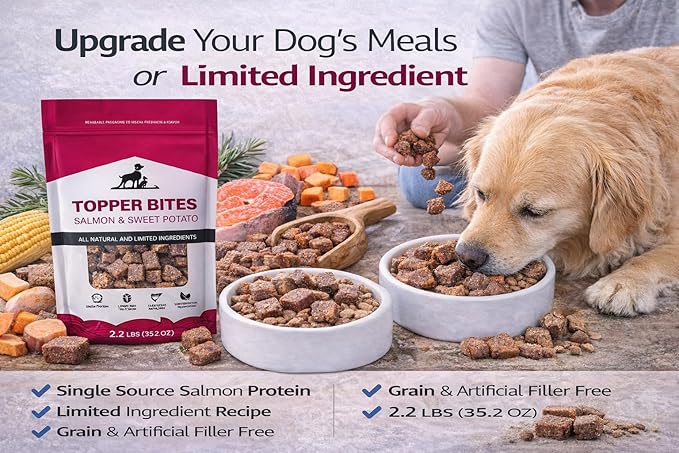 Salmon & Sweet Potato Dog Food Topper Bites, 2.2 lb (35.2 oz) – Single Protein, Grain Free, Limited Ingredient, Natural Dog Treats for Meal Toppers & Training
