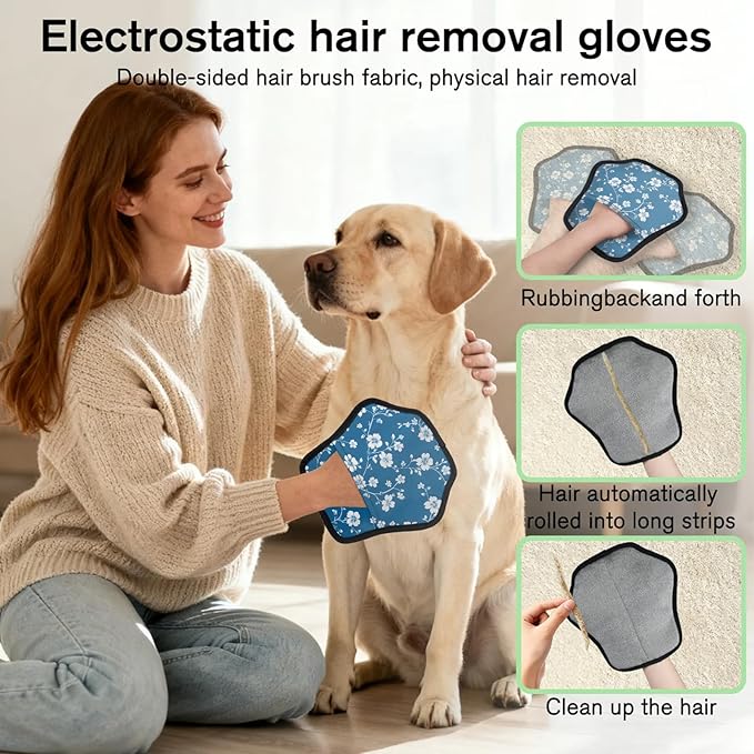 Reusable Pet Hair Removal Glove Flower Floral Print Magic Brush for Cat & Dog Hair Remover for Car, Sofa, Bedding, Clothes - 9x9 Mitt Washable