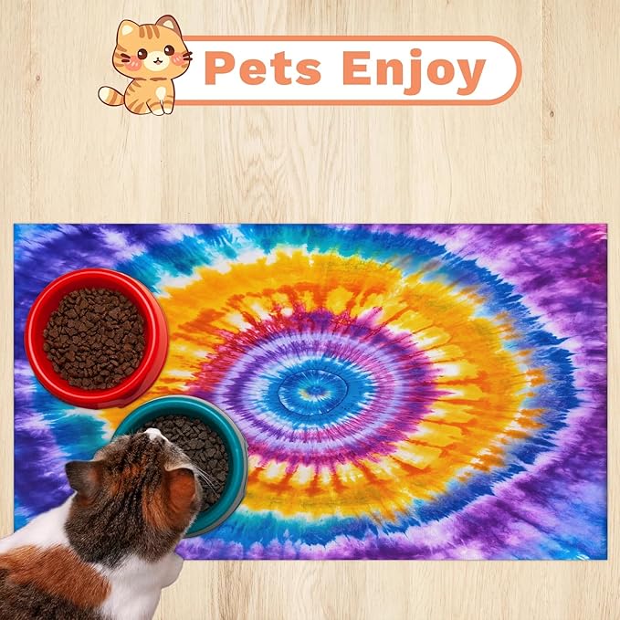 Tie Dye Dog Food Mat for Floors Absorbent, Quick Dry Water Dispenser Mat for Food, Water, Pet Supplies 24" x 32", Watercolor Abstract