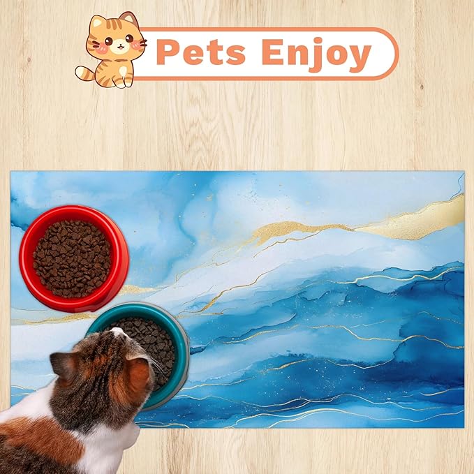 Marble Dog Food Mat for Floors Absorbent, Quick Dry Water Dispenser Mat for Food, Water, Pet Supplies 16" x 24", Blue Gold Marble