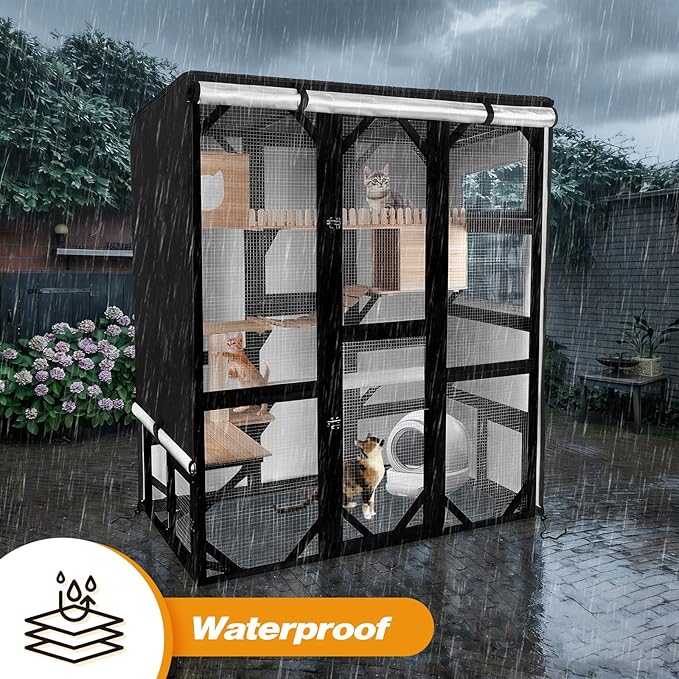 Catio Cover,65"L x 34.5"W x 74"H Cover for Catio Outdoor Cat Enclosure Waterproof, 420D Cat Cage Covers for FunXplore Large Catios, Outdoor Cats Enclosure Covers(Black)(Catios Not Included)