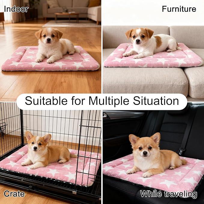 Washable Dog Bed Plush Orthopedic Outdoor Crate Mat with Non-Slip Bottom,Luxe Soft Kennel Pad for Pets, Cozy Cage Cushion & Pet Sleeping Mattress Large Sized,Medium,Small Dogs,24 x 18 inch,Pink