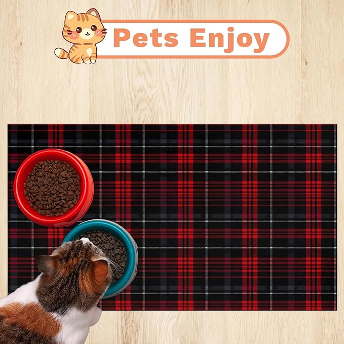 Buffalo Check Dog Food Mat for Floors Absorbent, Quick Dry Water Dispenser Mat for Food, Water, Pet Supplies 24" x 32", Red Black Plaid