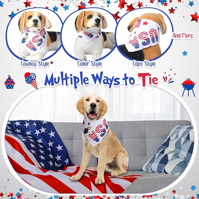 Kacctyen 300 Pcs 4th of July Dog Bandanas Bulk Patriotic Dog Adjustable Cute Washable Triangle Kerchief Scarf Bibs for Small to Medium Pet Seasonal Party Costume Accessories