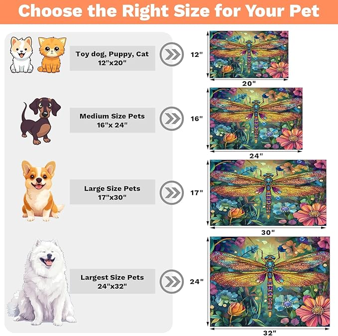 Dragonfly Dog Food Mat for Floors Absorbent, Quick Dry Water Dispenser Mat for Food, Water, Pet Supplies 17" x 30", Wildflower