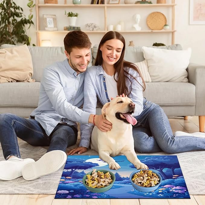Forest Moon Dog Food Mat for Floors Absorbent, Quick Dry Water Dispenser Mat for Food, Water, Pet Supplies 24" x 32", Flower
