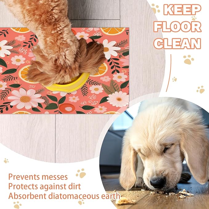 Orange Fruit Dog Food Mat for Floors Absorbent Dog Bowl Mat for Food and Water Dispenser Quick Dry Cat Food Placemat Pet Supplies 24" x 32", Flower