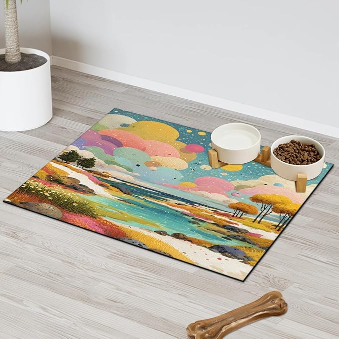 Boho Forest Dog Food Mat for Floors Absorbent, Quick Dry Water Dispenser Mat for Food, Water, Pet Supplies 24" x 32", Colorful Cloud