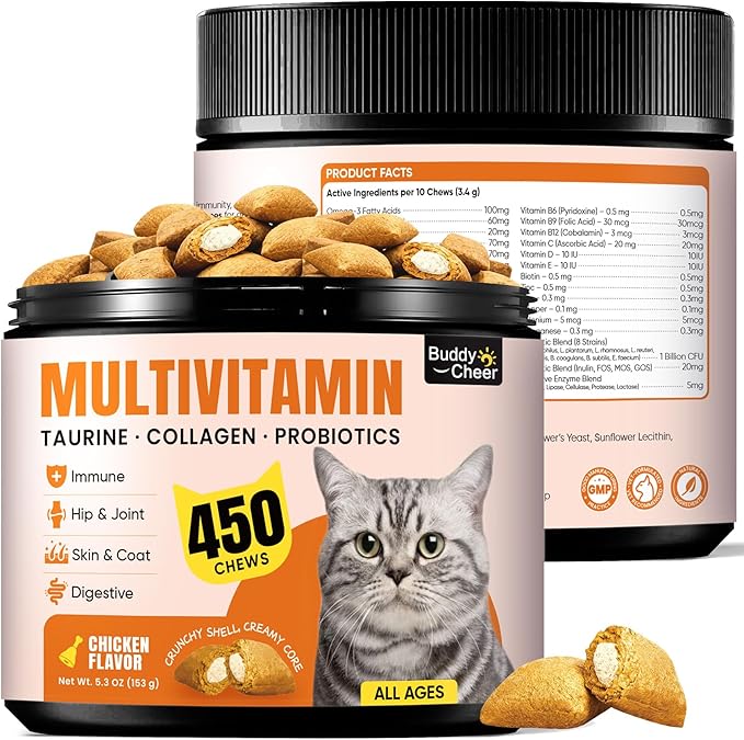 Crunchy & Creamy Cat Vitamin Treats – Multivitamin Chews with L-Lysine & Taurine, 12 Vitamins & 5 Minerals for Immune, Skin & Joint Support – 450 Treats