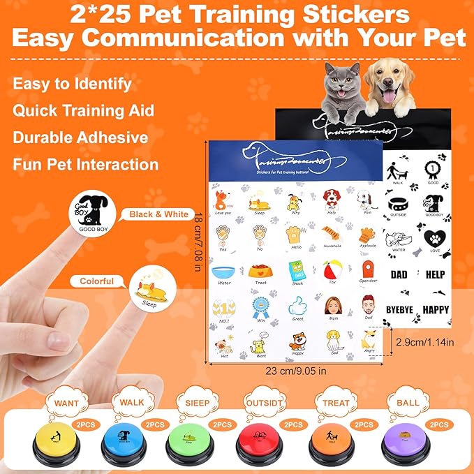 Dog Buttons for Communication, 12 Pcs 6 Color Dog Talking Button Set, 30s Recordable Voice Pet Training Buzzers, Speaking Buttons for Dogs & Cats with 2 Mats,2 Scene Stickers (Batteries Not Included)