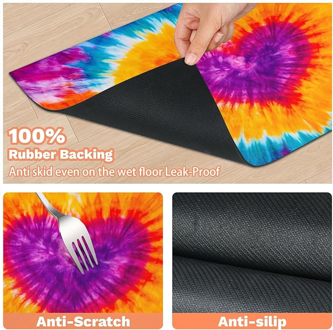 Tie Dye Dog Food Mat for Floors Absorbent, Quick Dry Water Dispenser Mat for Food, Water, Pet Supplies 17" x 30", Colorful Love Heart