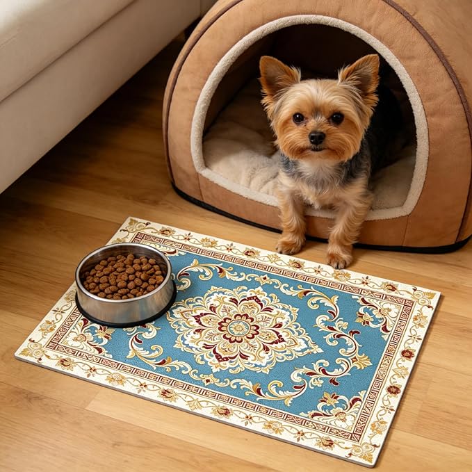 GLOBLELAND French Pastoral Pattern Pet Food Mat for Floors 11.8×20 inch Dogs Food Mats Absorbent Dog Bowl Mat Quick Dry Dog Cat Pet Placemats Pets Supplies for Water Dispenser