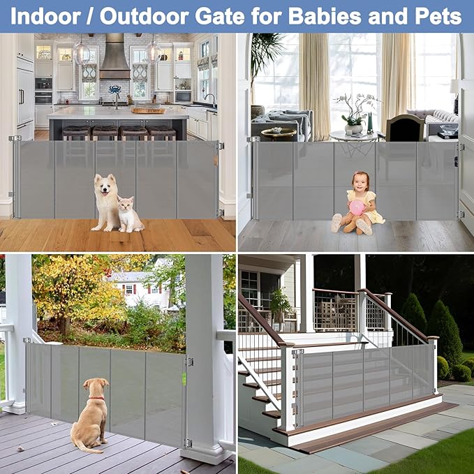Reinforced Retractable Dog Gate with Support Strip 60" Wide Retractable Outdoor Gate for Decks Mesh Dog Gate Retractable Indoor Retractable Pet Gate for Dogs Retractable Mesh Gate Retractable Cat Gate
