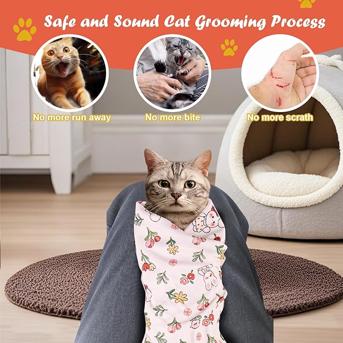Cat Wrap for Cutting Nails and Grooming,Cat Restraint Wrap for Nail Clipping,Self-Adhesive Fabric Cat Swaddle Burrito Wrap for Nail Trimming (Rabbit Style)