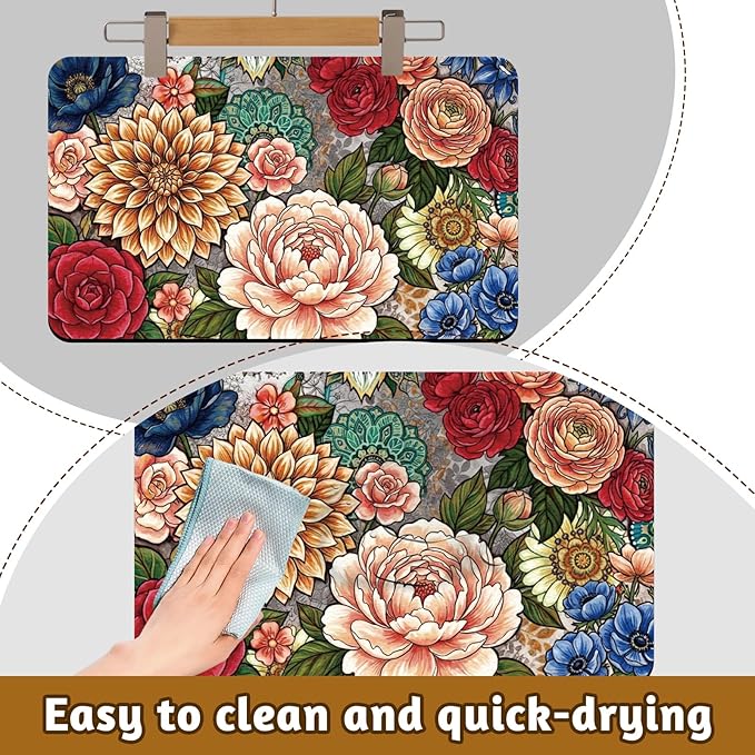 GLOBLELAND Vintage Mandala Flowers Pet Food Mat for Floors 11.8×20 inch Dogs Food Mats Absorbent Dog Bowl Mat Quick Dry Dog Cat Pet Placemats Pets Supplies for Water Dispenser