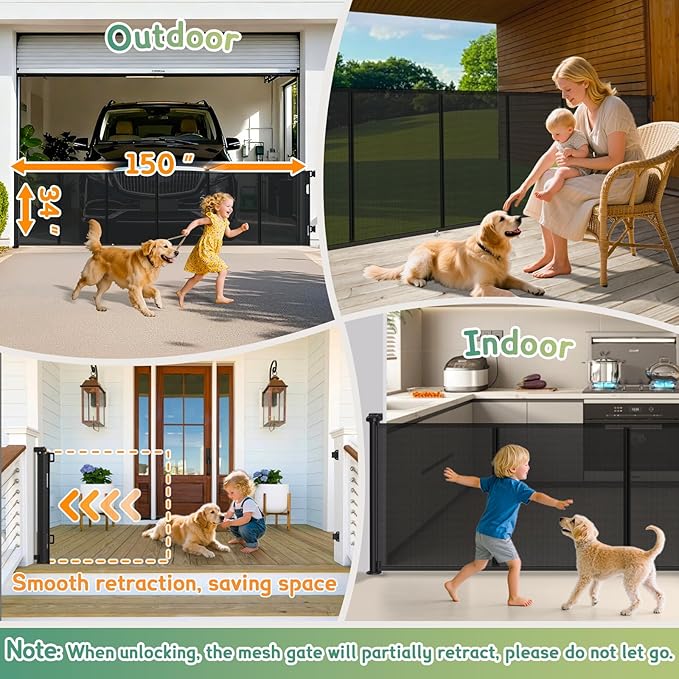 Retractable Baby Gates Extra Wide 150" (12.5 FT) x 34" Tall, Indoor/Outdoor Retractable Gate for Doorways, Stairs, Hallways, Decks, Garage,Black Retractable Dog Gate with Fiberglass Reinforcement Rods