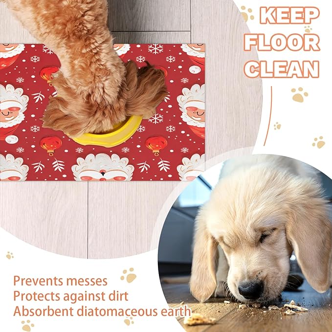 Santa Claus Dog Food Mat for Floors Absorbent, Quick Dry Water Dispenser Mat for Food, Water, Pet Supplies 16" x 24", Winter Snowflake