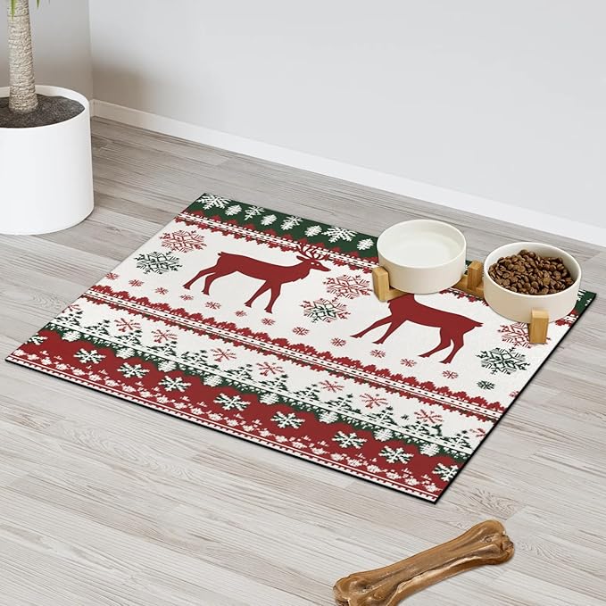 Christmas Elk Dog Food Mat for Floors Absorbent, Quick Dry Water Dispenser Mat for Food, Water, Pet Supplies 16" x 24", Xmas
