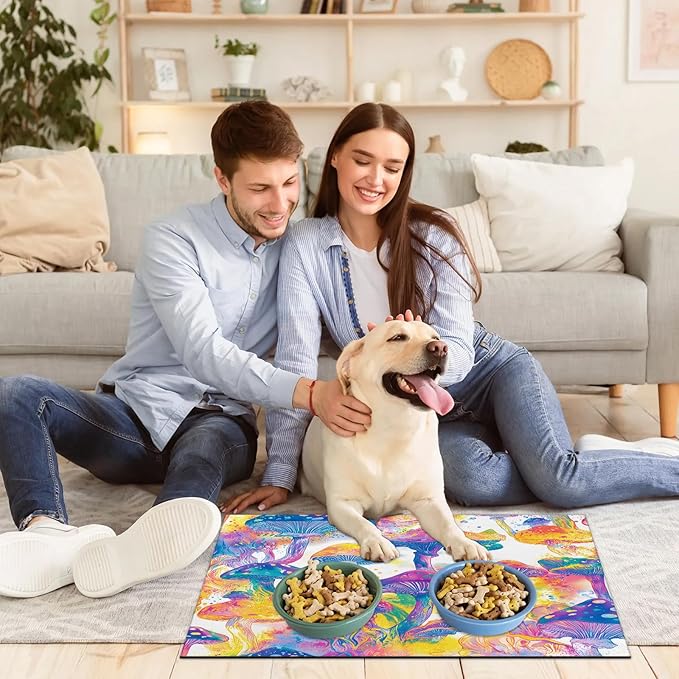 Mushroom Dog Food Mat for Floors Absorbent Dog Bowl Mat for Food and Water Dispenser Quick Dry Cat Food Placemat Pet Supplies 12" x 20", Watercolor Plant