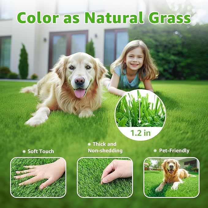 Artificial Turf Grass Outdoor - Synthetic Realistic Fake Grass Turf Indoor Rug with Drainage Holes for Patio, Balcony, Backyard Decoration - Pet Friendly Dog Grass Mat (3Ft x 5Ft)