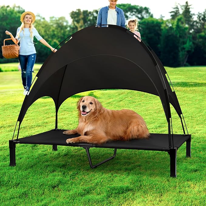 Heeyoo Elevated Dog Bed with Canopy, Portable Dog Cot with Removable Shade Tent, Outdoor Raised Pet Cot Cooling Bed for Dogs