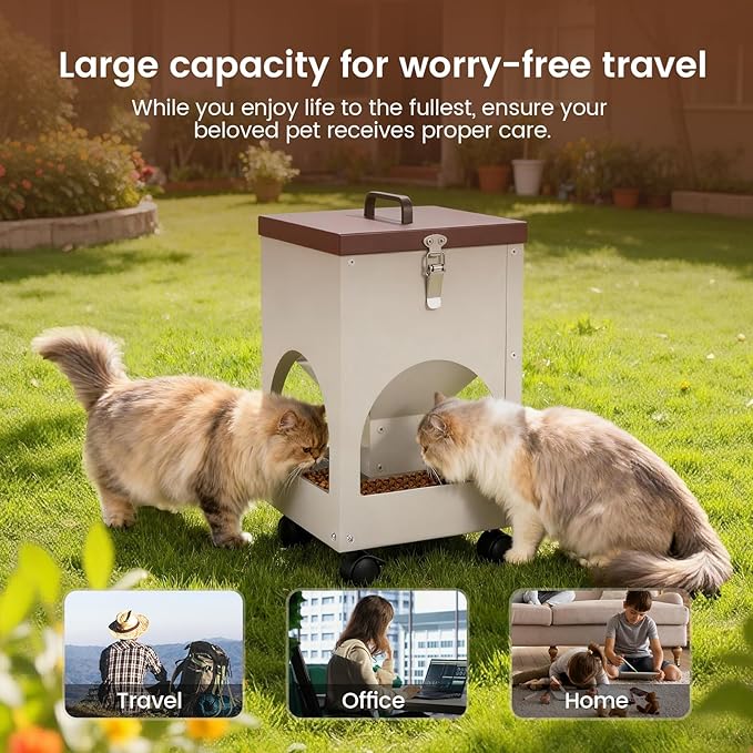 Automatic Cat Feeder for 4 Cats 5L Auto Cat Food Dispenser with Wheels for Puppies and Kittens, Multiple Cats Feeder Outdoor Large Capacity Galvanized Steel Gravity Pet Feeding Station