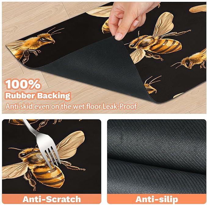 Bee Dog Food Mat for Floors Absorbent, Quick Dry Water Dispenser Mat for Food, Water, Pet Supplies 16" x 24", Farmhouse Honeybee