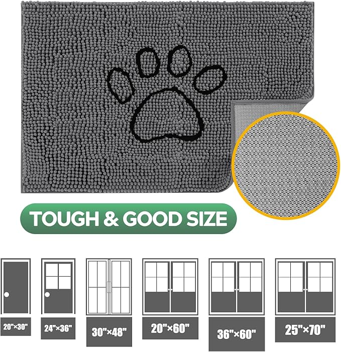 Dog Door Mat for Muddy Paws, Pet Rug Chenille Absorbent Outdoor Doormat 71"x 25", Non Slip Heavy Indoor Doormat Soft Front Inside Doormats for Entryway, Mud Paws, Patio,Dog Paw Black Grey