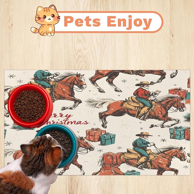 Western Cowboy Dog Food Mat for Floors Absorbent, Quick Dry Water Dispenser Mat for Food, Water, Pet Supplies 16" x 24", Merry Christmas