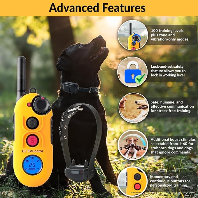 Educator EZ 1/2 Mile Dog Training Collar with Ergonomic Remote, Safe Humane Vibration Stimulation, Pavlovian Tone, Waterproof, Odorproof Biothane Collar, Night Light, Rechargeable, 3 Dog, Yellow